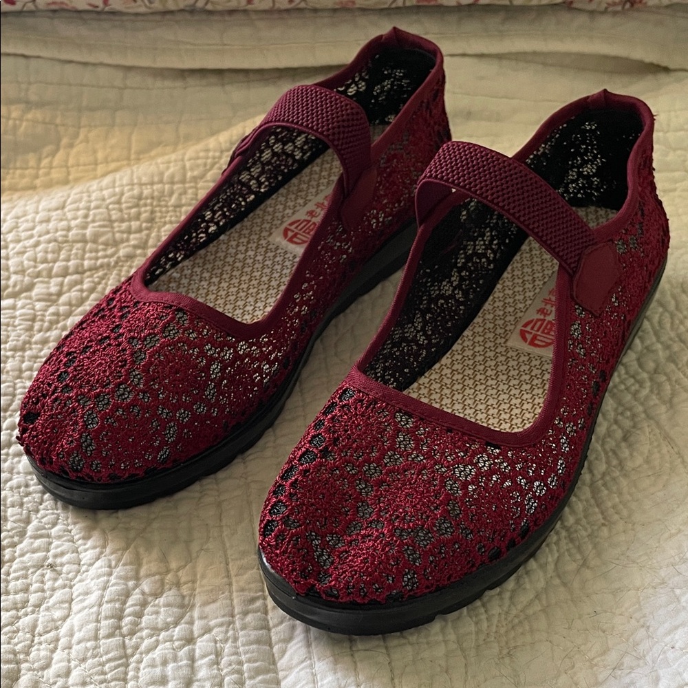 New Lace Mary Jane Flats - Burgundy Red summer comfy lightweight shoes